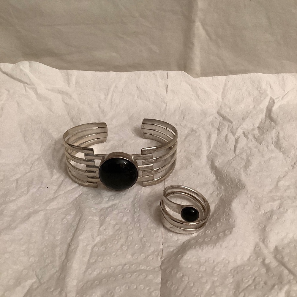 Dominique Dinouart DDD 925 Silver Black Ónix Inlay Cuff Bangle + Ring 8.5 Set‍‍